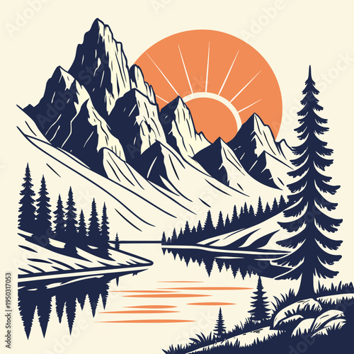 Mountain landscape with trees and lake at sunrise