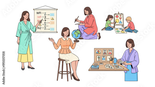 A Teacher's Diverse Roles: A collection of scenes showcasing a teacher's multifaceted roles, from leading a presentation and guiding students in art to holding a globe and crafting lesson plans.