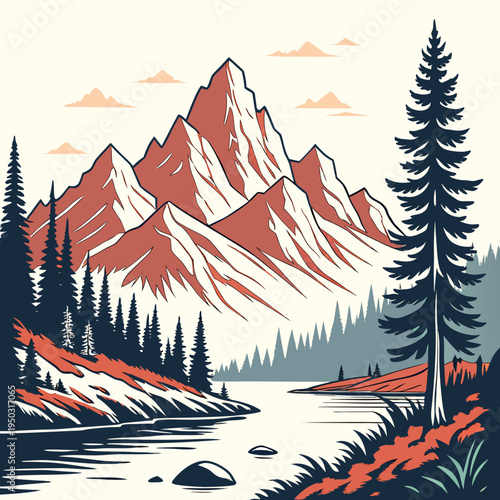 A mountain landscape with a river and trees