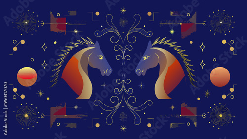 Two horses facing each other with celestial and floral elements
