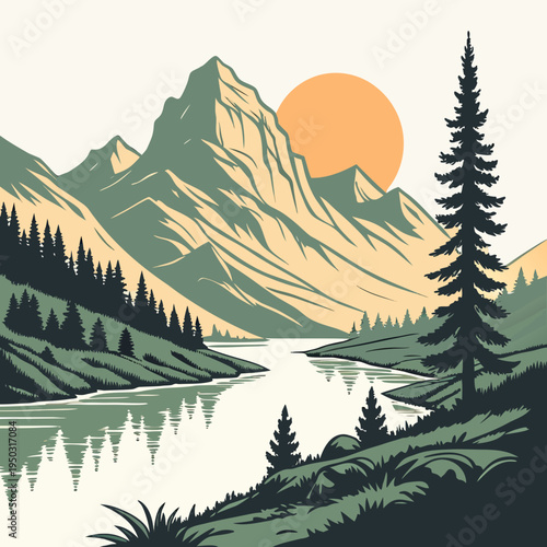 A mountain landscape with a lake and trees