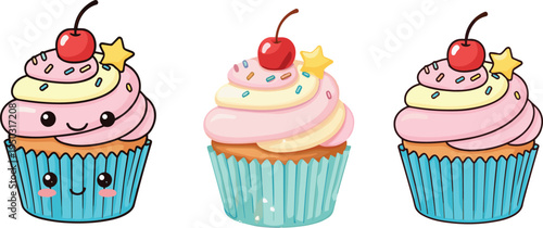 Cute kawaii cupcake dessert with cherry frosting sweet bakery cartoon illustration pastel candy topping design