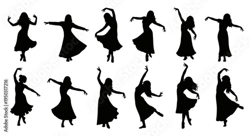 Silhouette of Dancing Women in Traditional Dress.