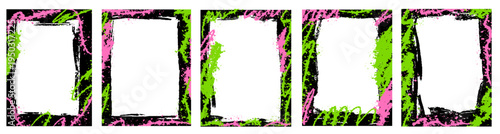 Graffiti spray paint frames set.  Hand drawn grunge urban street frame with spray paint stickers. Hip hop spray art layout background border with airbrush paint lines. Vector ink decor for design