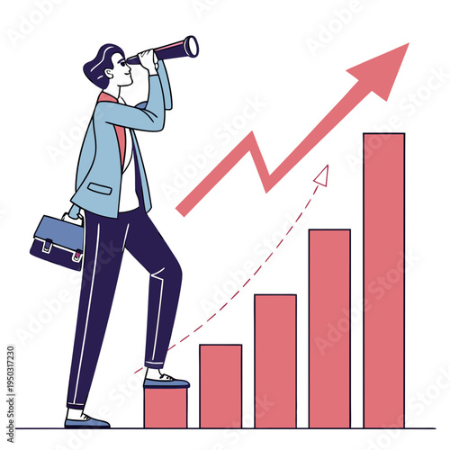 A businessman looking through a telescope standing on a bar graph