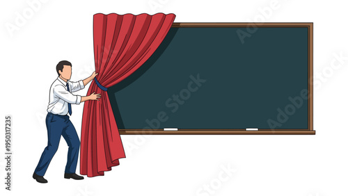 Unveiling the Announcement: A professional figure pulls back a crimson curtain to reveal a blank chalkboard, symbolizing the reveal of new information or an upcoming presentation.