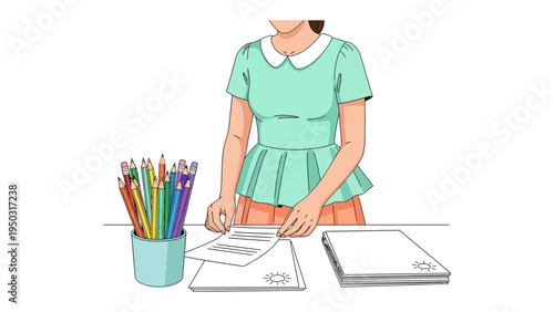 Creative Workspace: A person stands over a desk adorned with colorful pencils and documents. A moment of inspiration and organization, set against a pristine backdrop.