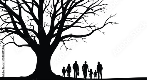 Family walking under large tree silhouette nature landscape parenting childhood togetherness outdoor illustration concept design