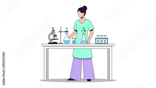 Science Lab Illustration: A scientist in a lab coat studies science-related things with test tubes and microscope on the table. 