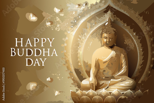 A serene buddha image with celebratory text for buddha day