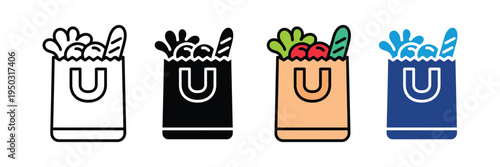 Grocery paper bag icon set. Fresh organic vegetables, bread loaf, and healthy food delivery symbols. Vector Illustration.