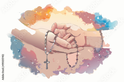 Praying hands holding rosary beads with colorful watercolor splashes