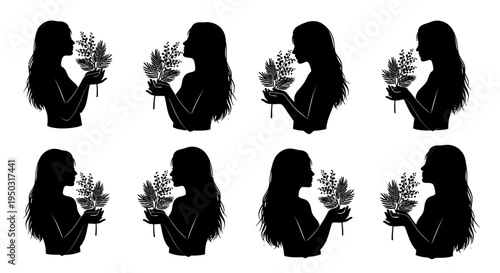 Silhouette of woman holding flowers in various poses.