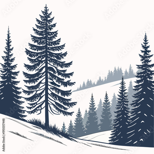 A forest of pine trees on a snowy hill