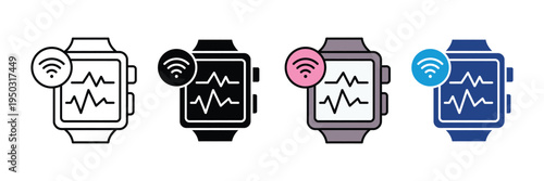 Smartwatch health tracker icon set. Digital heart rate monitor, wireless fitness watch, and wearable medical technology symbols. Vector Illustration.