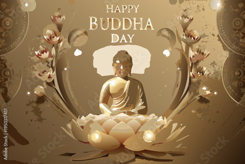 Happy buddha day illustration with lotus flowers and a meditative figure