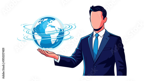 Global Reach: A sharp illustration of a man presenting the world, visualizing global connection, leadership and business expansion.