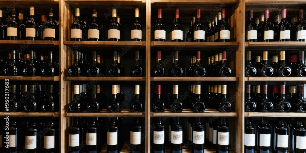 Naklejka premium Wine bottles fill wooden shelves. Dark background emphasizes collection, creating warm ambiance. Rows showcase variety, depth.