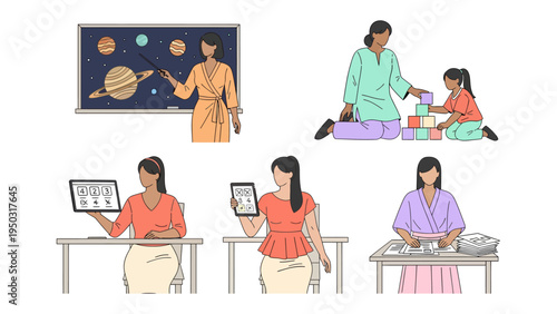 A teacher's journey: A collage of moments captures the diverse roles and responsibilities of an educator, showcasing teaching and nurturing in a learning environment.