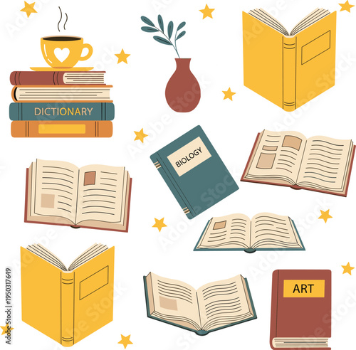 Educational books and study elements set with dictionary biology art textbooks coffee cup and open books vector illustration