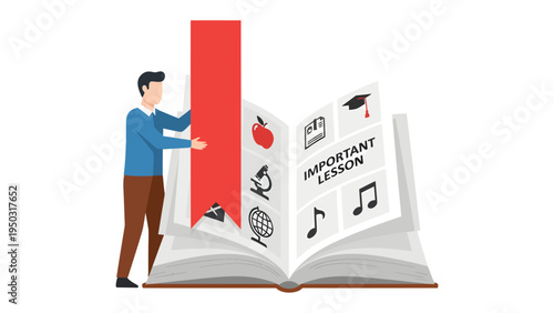 Knowledge Unveiled: A student holds a large book with a red bookmark, revealing various lesson icons, symbolizing learning and education. 