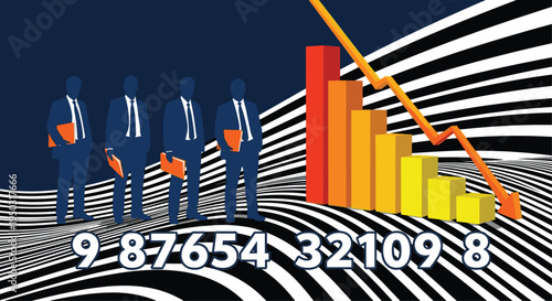 Businessmen Silhouettes Observing a Downward Trend Bar Chart and Numbers finance economy