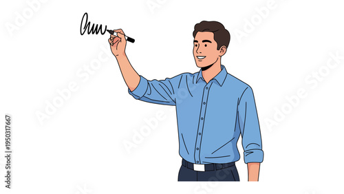 Signature Script: A poised man, dressed in smart casuals, is captured mid-action, meticulously penning a signature, a testament to authenticity and agreement.