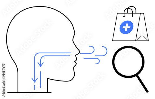 Human head silhouette with airflow arrows, medical bag, and magnifying glass. Ideal for health, respiratory care, lungs, diagnosis, healthcare research, wellness education simple flat metaphor