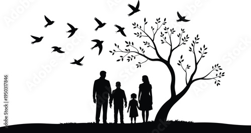 Family silhouette with children under tree and flying birds nature love parenting outdoor illustration concept design