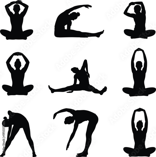 Nine black silhouette figures performing various yoga poses on white background