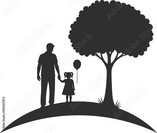 Father and daughter silhouette with balloon under tree parenting love family bonding outdoor illustration concept design