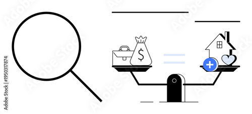 Financial balance. A scale showing wealth with a bag of money and a briefcase versus a house and heart. Financial balance for achieving life priorities and stability. Perfect for finance, real
