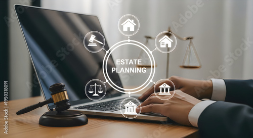A legal professional using a laptop for estate planning services with digital icons and a gavel