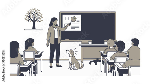 Educator at School : A dedicated instructor leads a classroom, teaching her students by the blackboard. A dog can be seen in the scene.