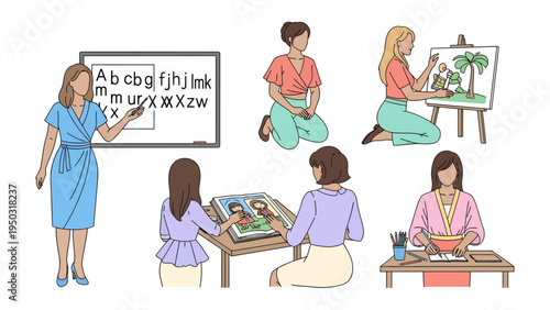 Artistic and Educative pursuits: A collection of women engaging in various artistic and educational endeavors, painting, teaching, and learning in a diverse range of activities.