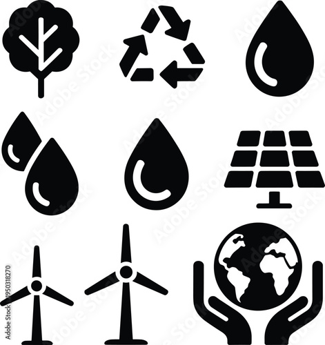 Eco sustainability icons set recycle water solar wind energy tree earth environment illustration design concept