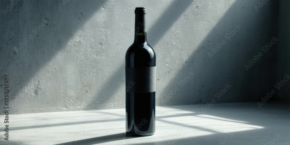 Obraz premium Dark wine bottle sits on surface. Dramatic lighting creates strong shadows, highlighting texture, form. Minimalist composition.