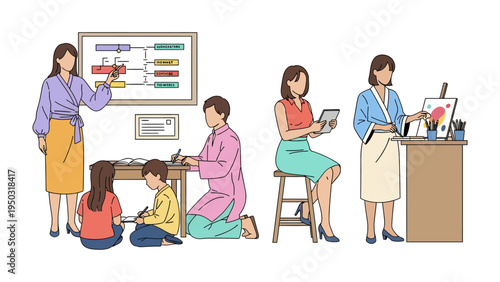 Diverse Family Life: A depiction of a diverse family, each member engaged in a unique activity, reflecting the beauty of familial bonds, education, creativity, and technological pursuits.