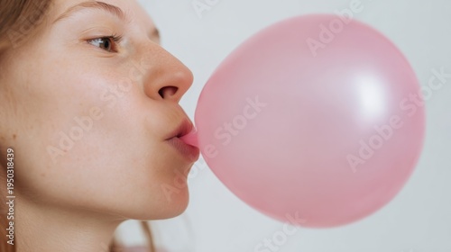 Young caucasian woman blowing pink balloon. Girl inflating rubber balloon with mouth for party celebration. Fun leisure, childhood nostalgia, playful activity and festive mood concept.