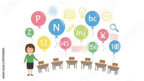 Classroom Education Illustration: A female educator stands with excitement, surrounded by floating balloons filled with letters, numbers, and symbols.