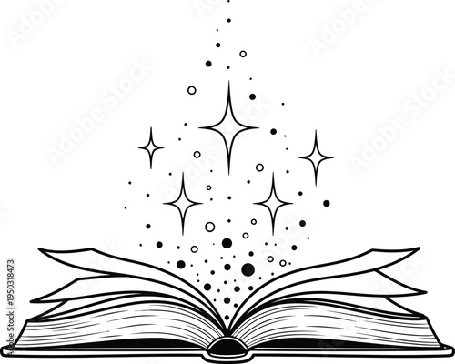 Magical book with sparkling stars and particles