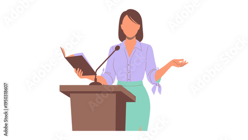Inspiring Oratory: An articulate individual delivers a speech from behind a lectern, holding a book, the image conveys leadership and communication.