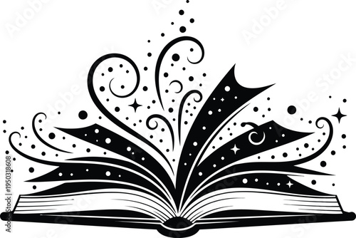 Open book with floral design and magic elements