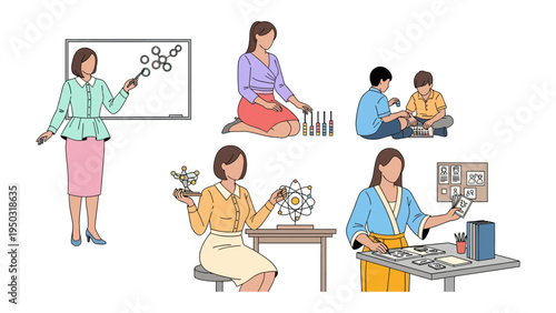 Science Classroom Illustration: A collection of educational illustrations showcases the role of a dedicated educator as she guides students through scientific exploration and discovery.