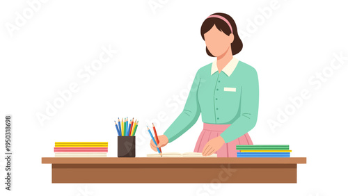 Teacher Crafting: A teacher, immersed in her craft, writes or draws at a wooden desk with writing material and books. Capturing the essence of education, creativity, and the dedication of educators.