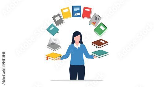 Knowledge Circle: A dynamic illustration showing a person juggling diverse books, symbolizing continuous learning and educational pursuits.