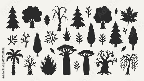 Trees silhouette collection. Black icons set - pine, oak, maple, palm, baobab, willow, apple tree, forest plants branches, leaves. Vector linocut style minimalist design elements.