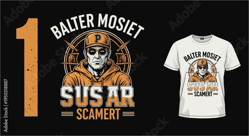 Character design t-shirt graphic with number 1 with also shows a mock-up of