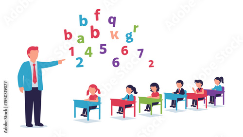 Classroom Learning: A dedicated educator leads a lively class of children, as colorful letters and numbers cascade down, sparking their imaginations and fueling the thirst for knowledge. 