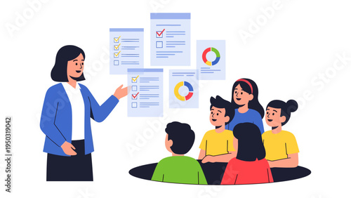 Instructional Empowerment: A dedicated educator, surrounded by a captivated audience, leads an interactive session, guiding a group through a series of presentations and visual aids.